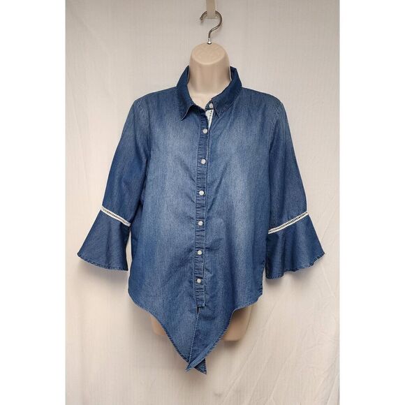 Westbound Blue Denim Womens 3/4 Bell Sleeve Front Tie Blouse Size Medium - Picture 2 of 5